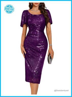 Sequin Formal Midi Dress Ruffle Sleeve Bodycon Cocktail Party